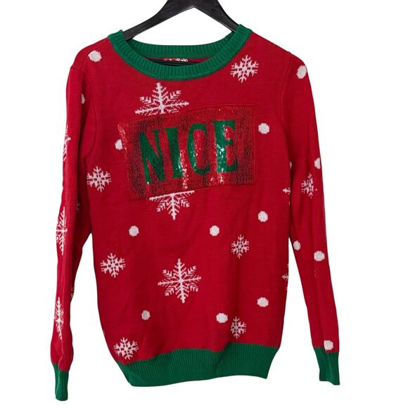 Ugly Christmas Sweater Red Green Sequin Change Naughty Nice Pullover Sweater M - Picture 1 of 11